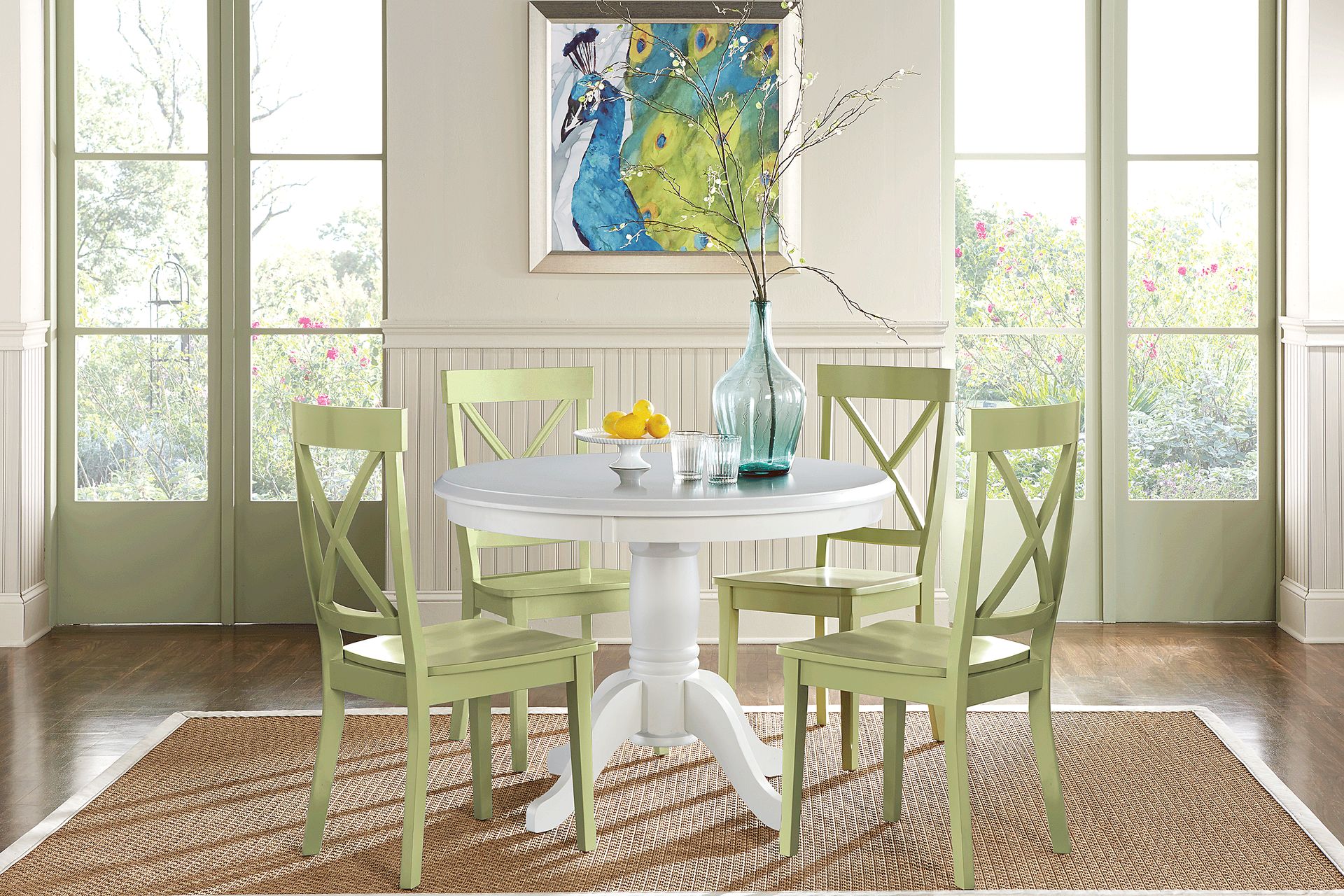 Brynwood White 5 Pc Round Dining Set with Green Chairs - Image 1