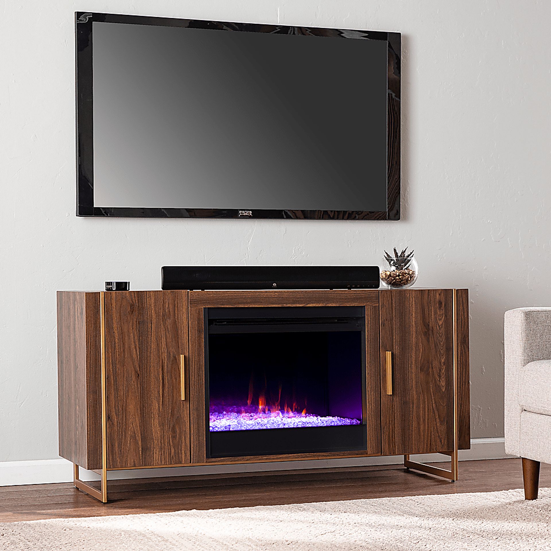 Buckthorne I Brown 55 in. Console, With Color Changing Electric Fireplace - Image 3