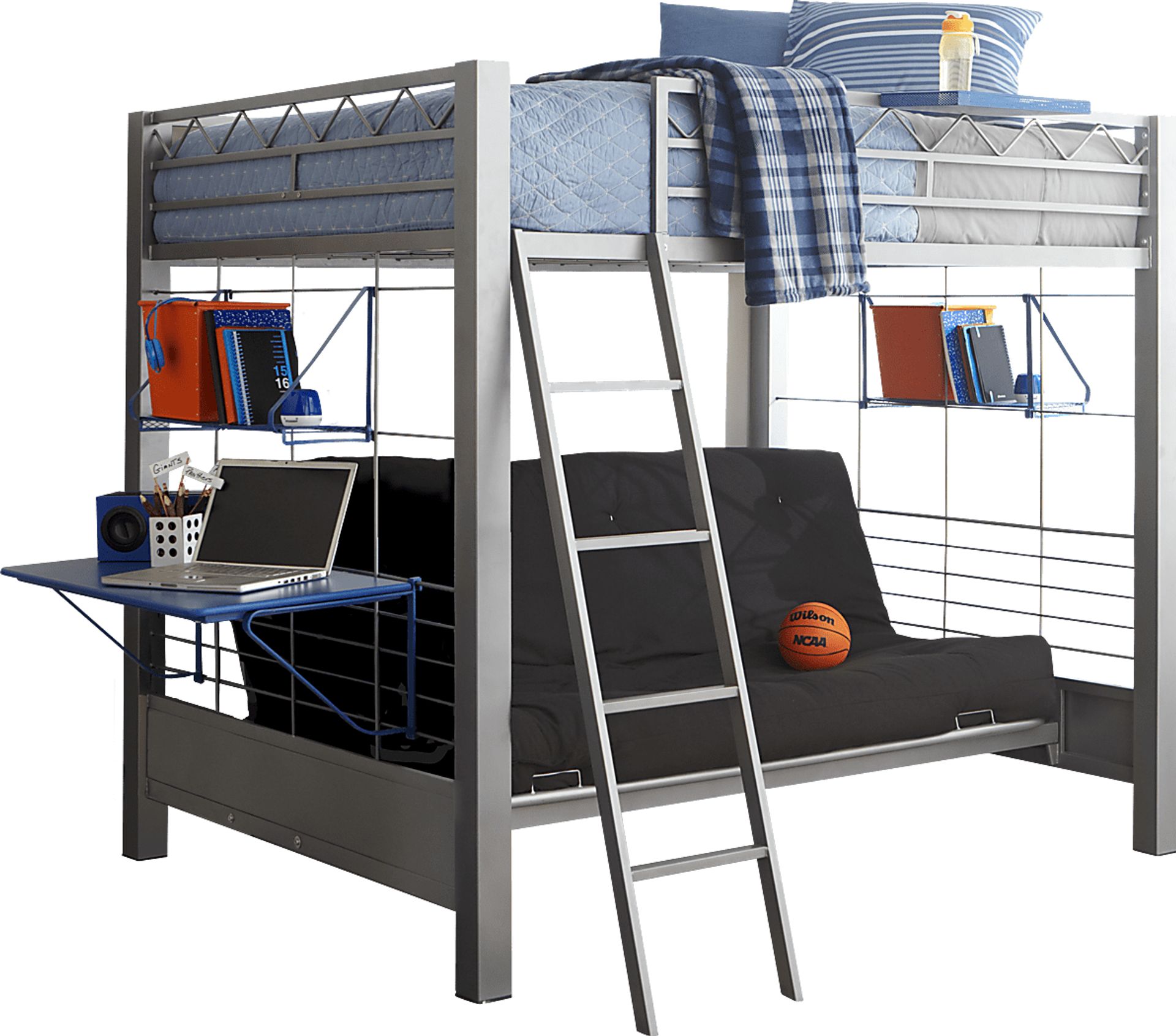 Build-a-Bunk Gray Full/Futon Loft Bed with Blue Accessories - Image 1