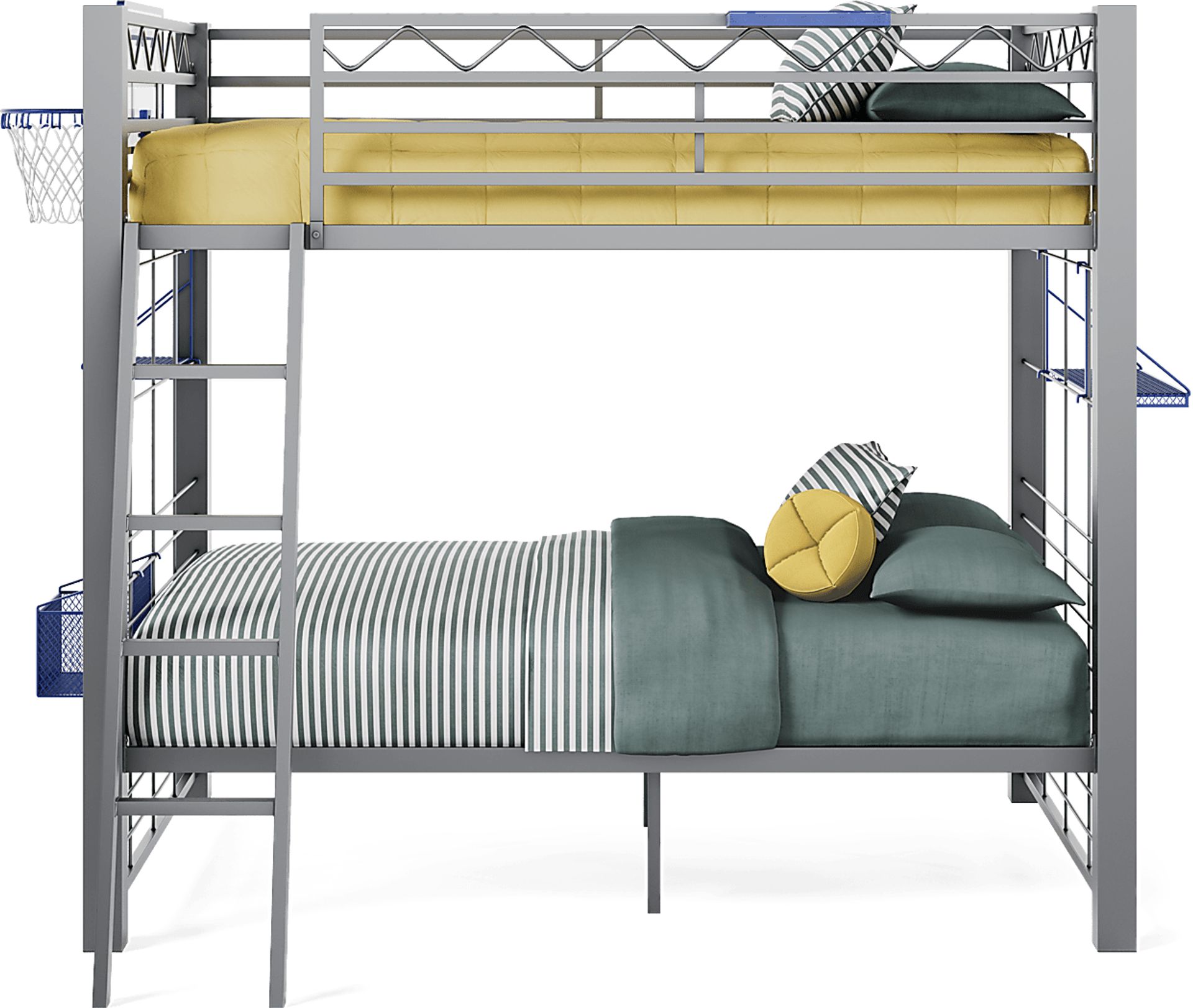 Build-a-Bunk Gray Full/Full Bunk Bed with Blue Accessories and Basketball Hoop - Image 3
