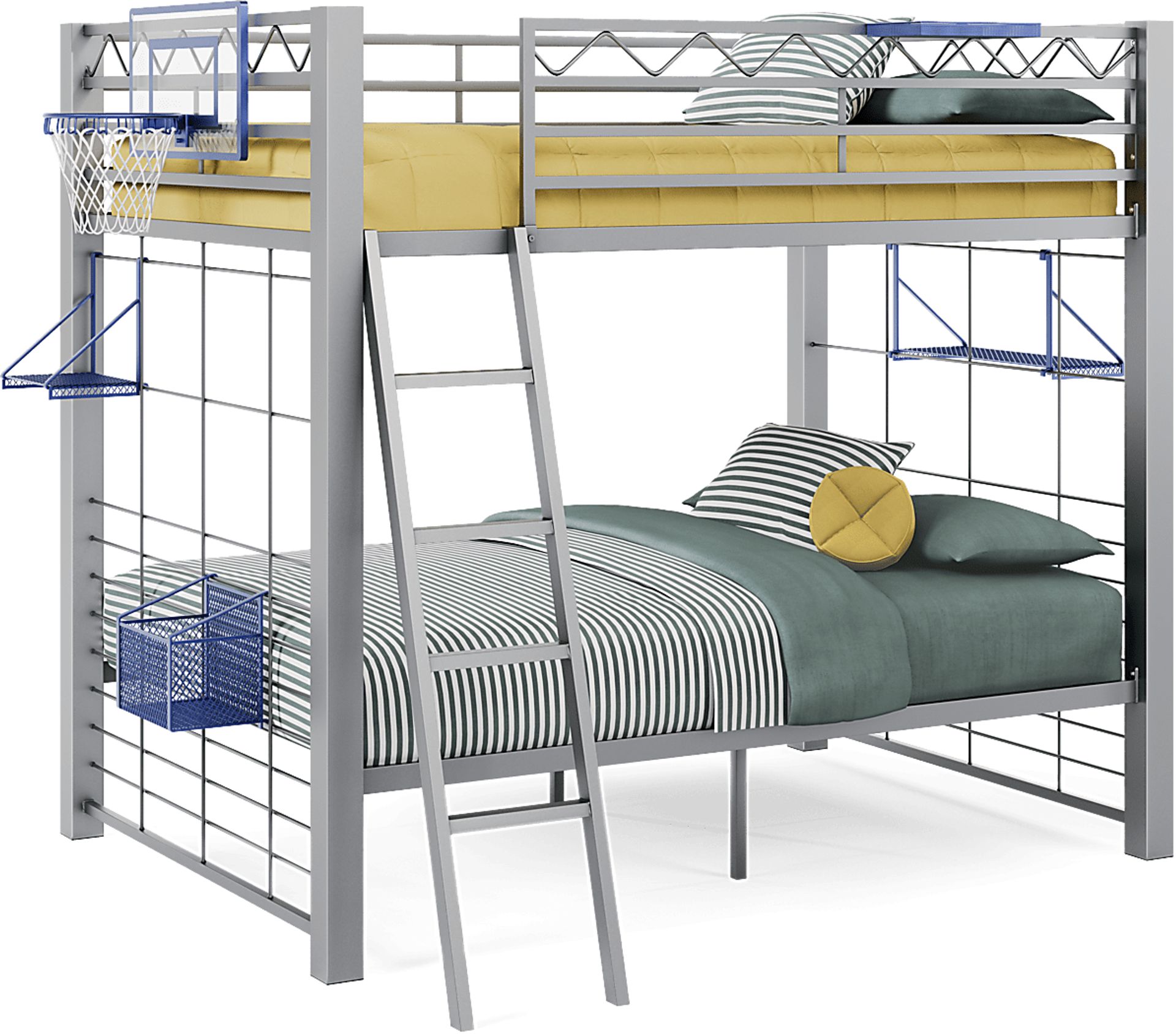 Build-a-Bunk Gray Full/Full Bunk Bed with Blue Accessories and Basketball Hoop - Image 1