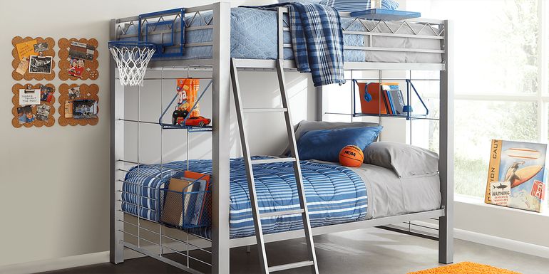 Build-A-Bunk Gray Full/Full Bunk Bed with Blue Accessories and Basketball Hoop