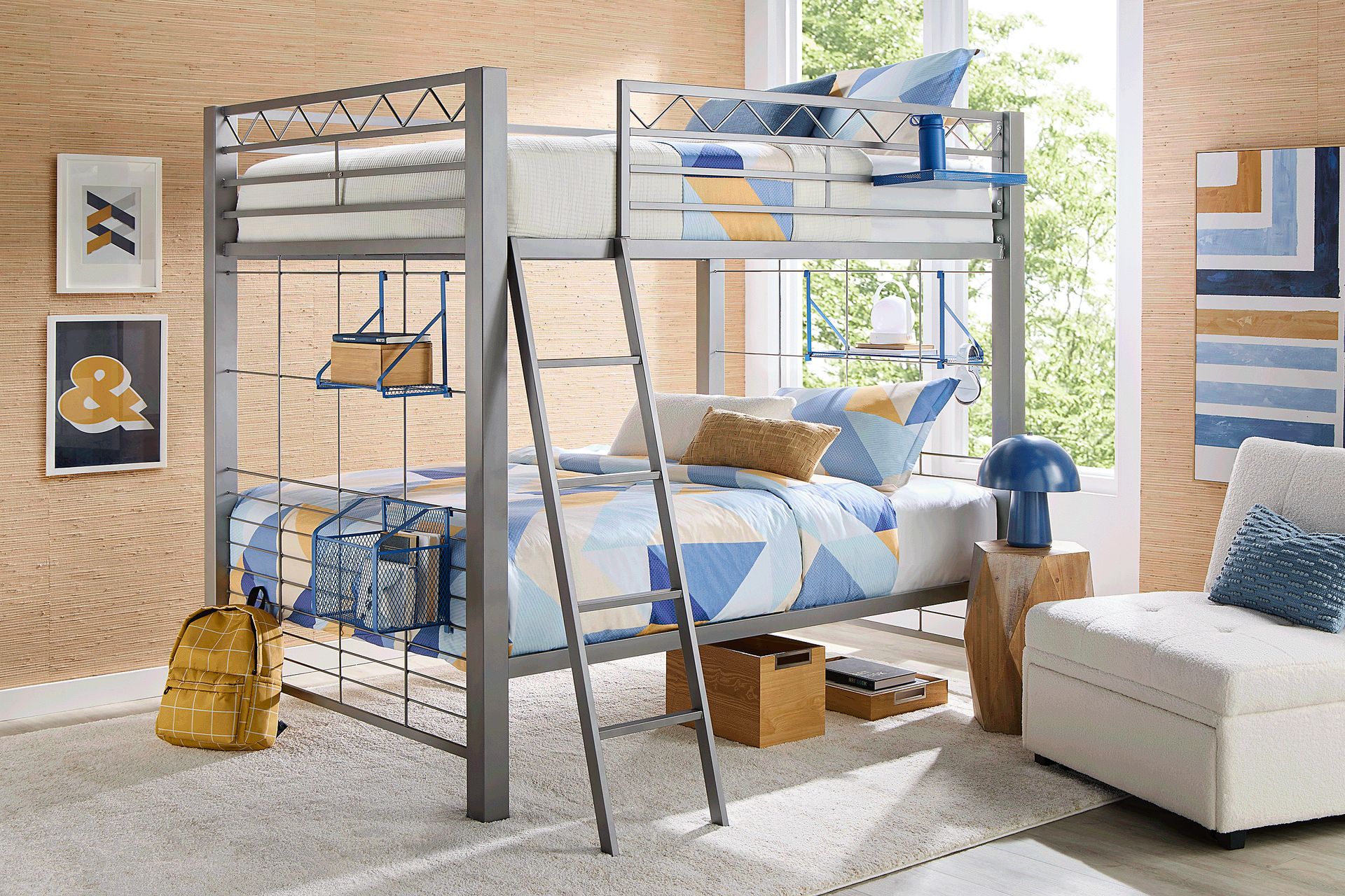 Build-a-Bunk Gray Full/Full Bunk Bed with Blue Accessories - Image 2