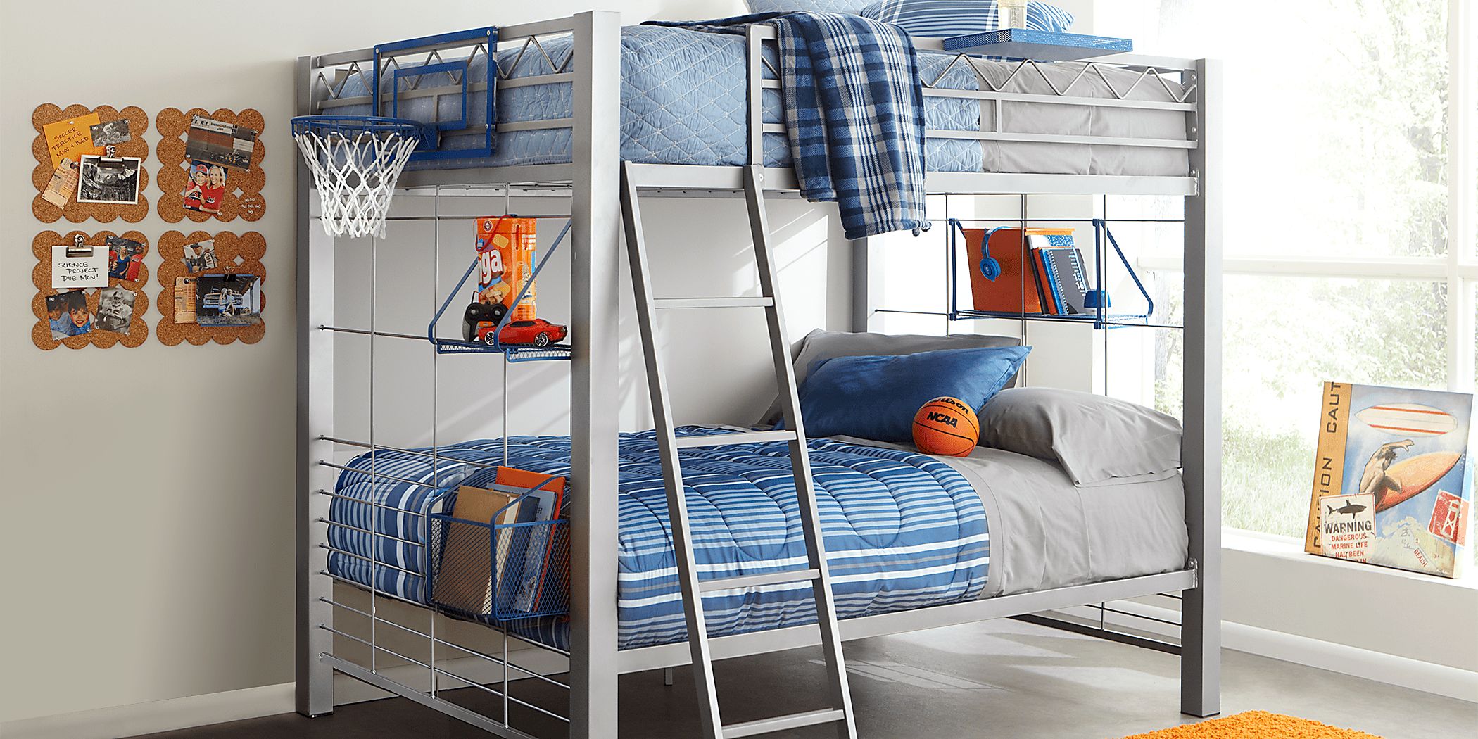BuildaBunk Gray Full/Full Bunk Bed with Blue Accessories Rooms To Go