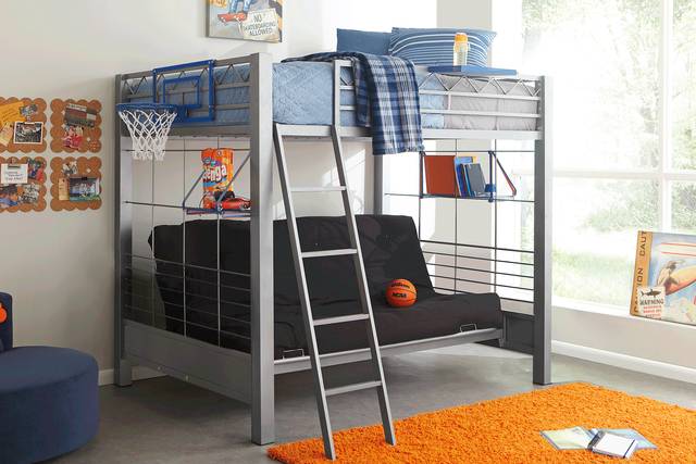 Build-a-Bunk Gray Full/Futon Loft Bed with Blue Accessories and Basketball Hoop - Thumbnail - Image 2