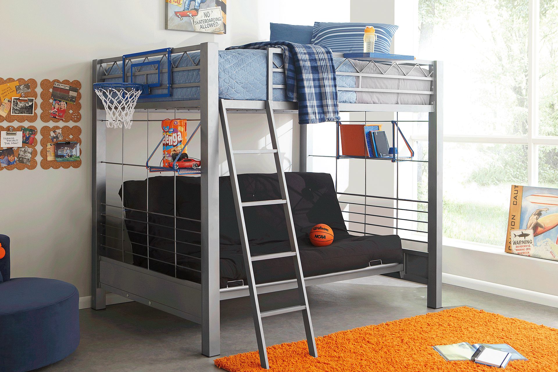 Build-a-Bunk Gray Full/Futon Loft Bed with Blue Accessories and Basketball Hoop - Image 2