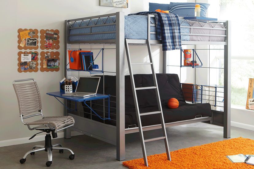 Build-a-Bunk Gray Full/Futon Loft Bed with Blue Accessories