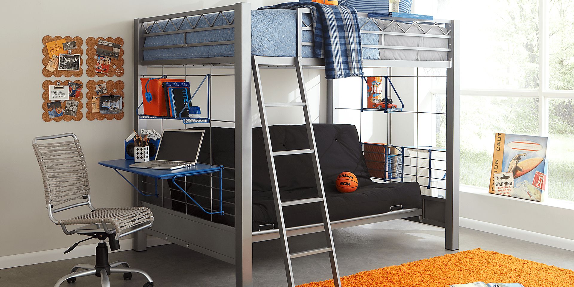 Build-a-Bunk Gray Full/Futon Loft Bed with Blue Accessories - Image 2
