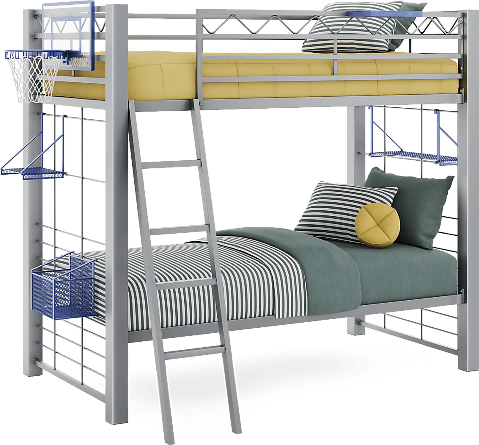Build-a-Bunk Gray Twin/Twin Bunk Bed with Blue Accessories and Basketball Hoop - Image 1