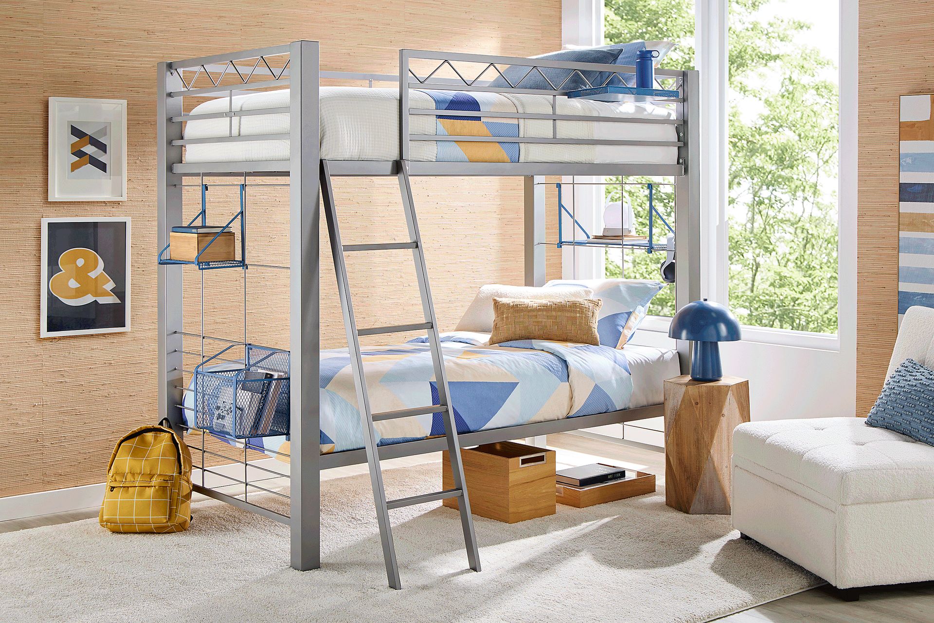 Build-a-Bunk Gray Twin/Twin Bunk Bed with Blue Accessories - Image 2