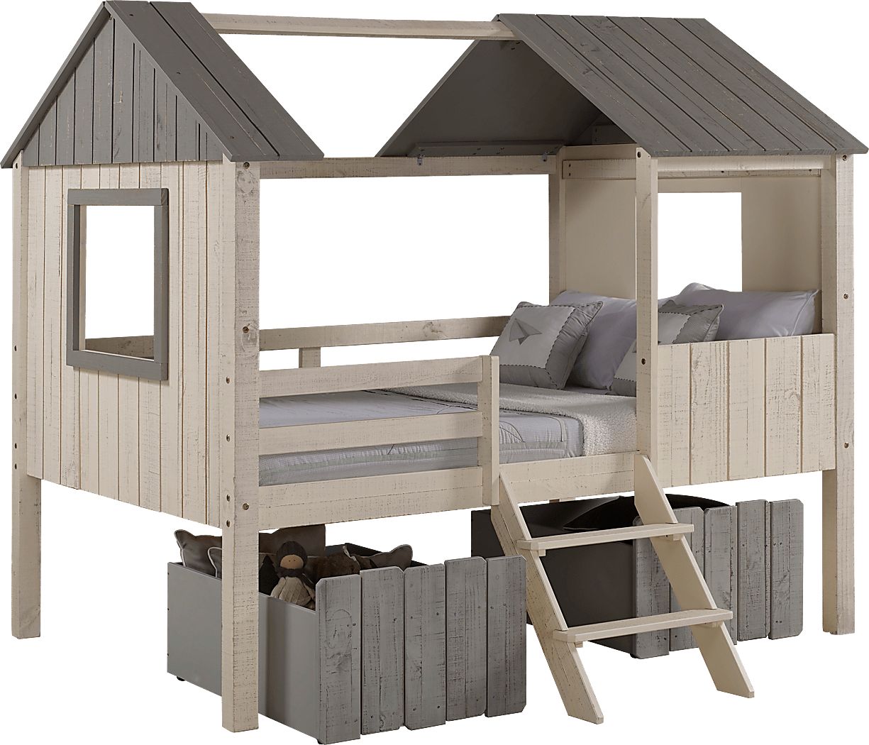 Bungalow Dreams Beige Full Jr. Loft Bed with 2 Gray Storage Drawers