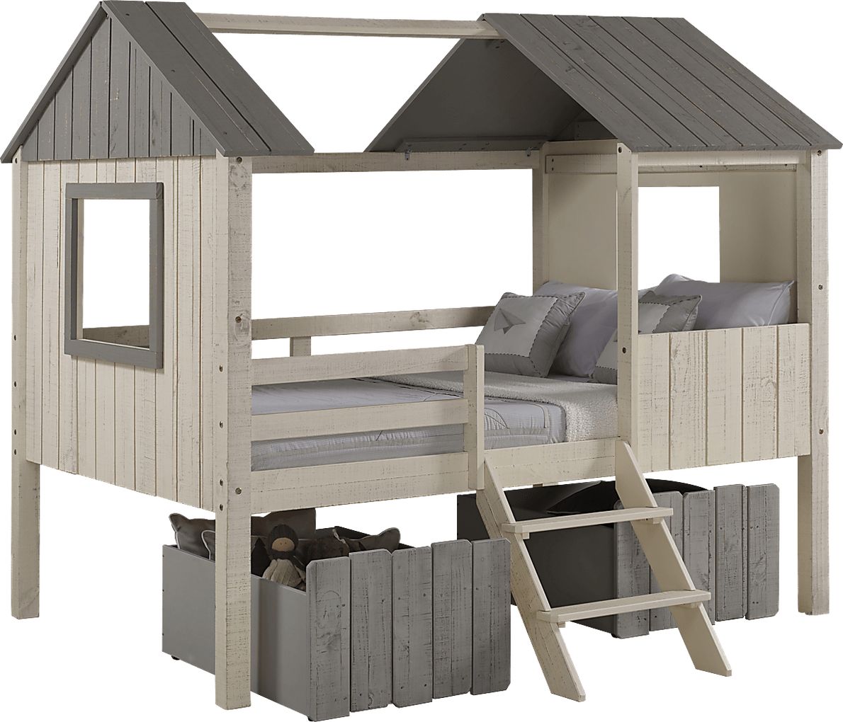 Bungalow Dreams Beige Full Jr. Loft Bed with 2 Gray Storage Drawers