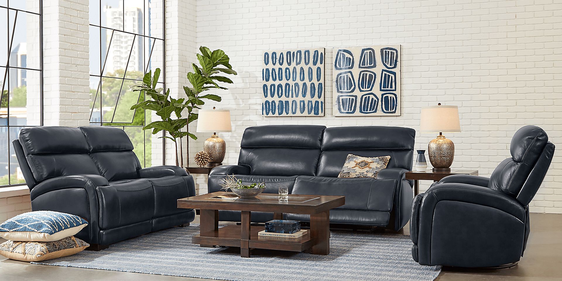 Burgio Navy Leather 2 Pc Living Room with Reclining Sofa - Image 1