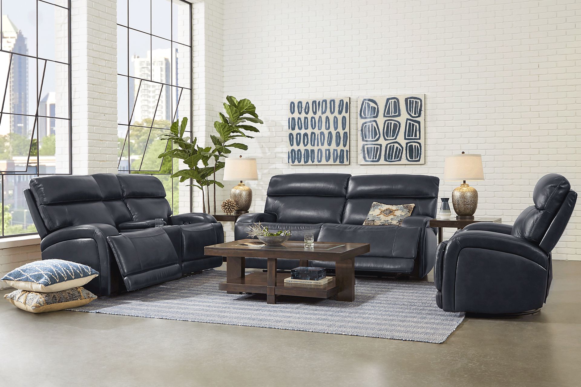 Burgio Navy Leather 3 Pc Reclining Living Room - Image 1