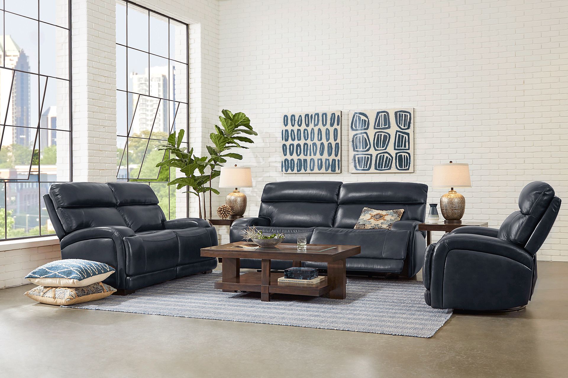 Burgio Navy Leather 5 Pc Living Room with Reclining Sofa - Image 1