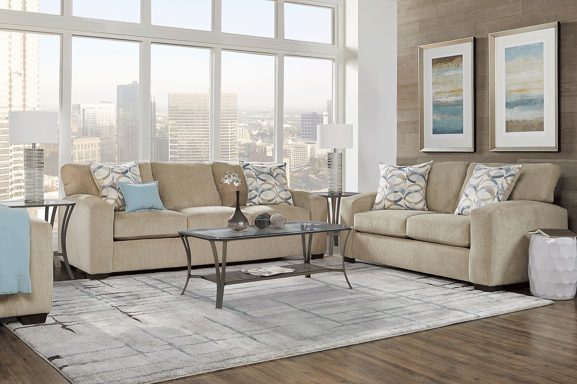 Burke Sandstone 7 Pc Living Room with Gel Foam Sleeper Sofa - Image 1