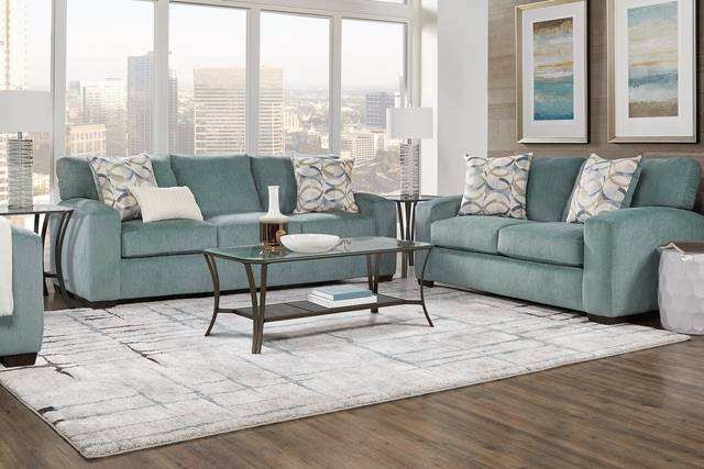 Burke Teal 7 Pc Living Room with Gel Foam Sleeper Sofa - Thumbnail - Image 1