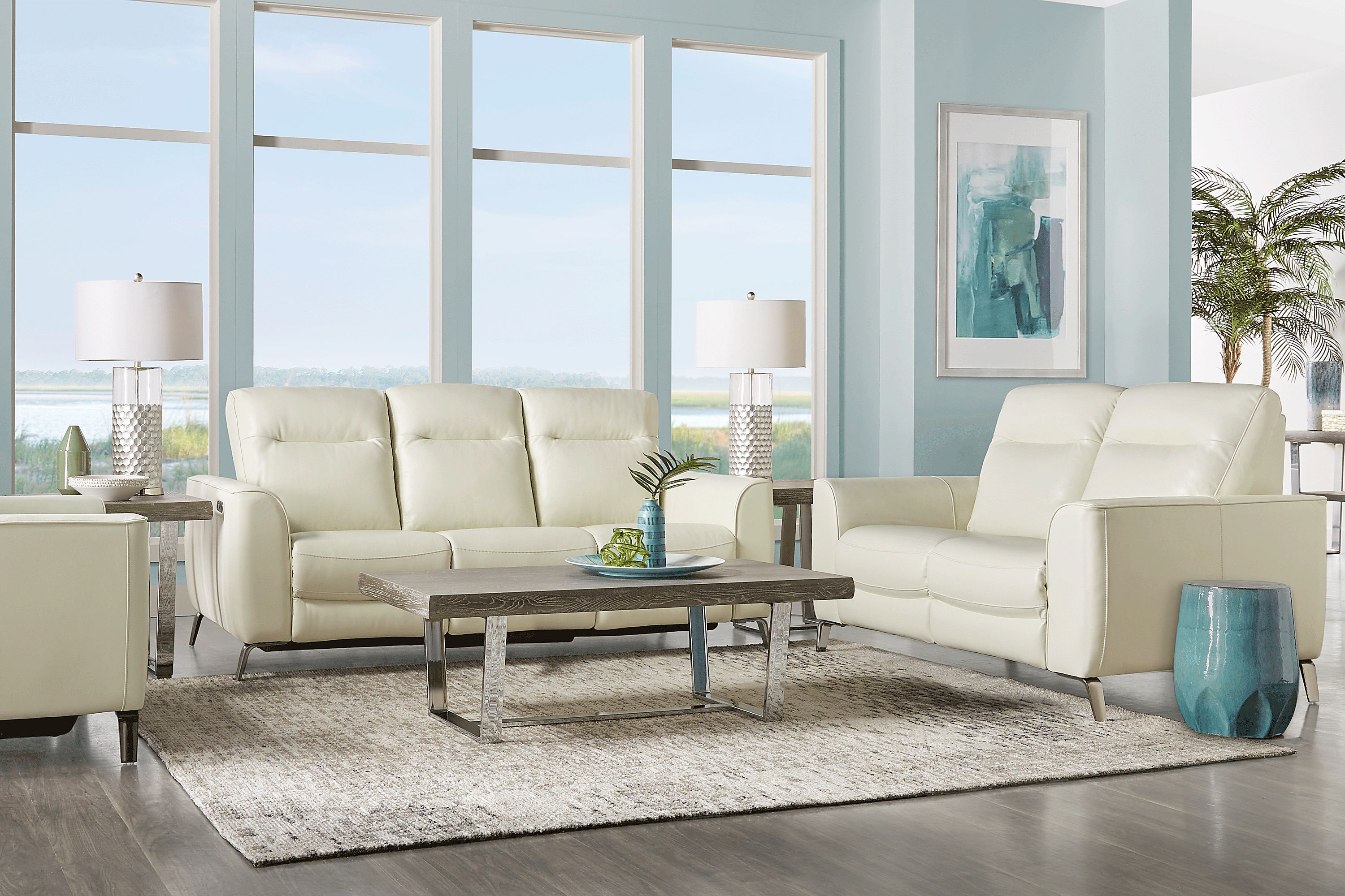Calabra Ice White Leather Dual Power Reclining Sofa | Rooms to Go