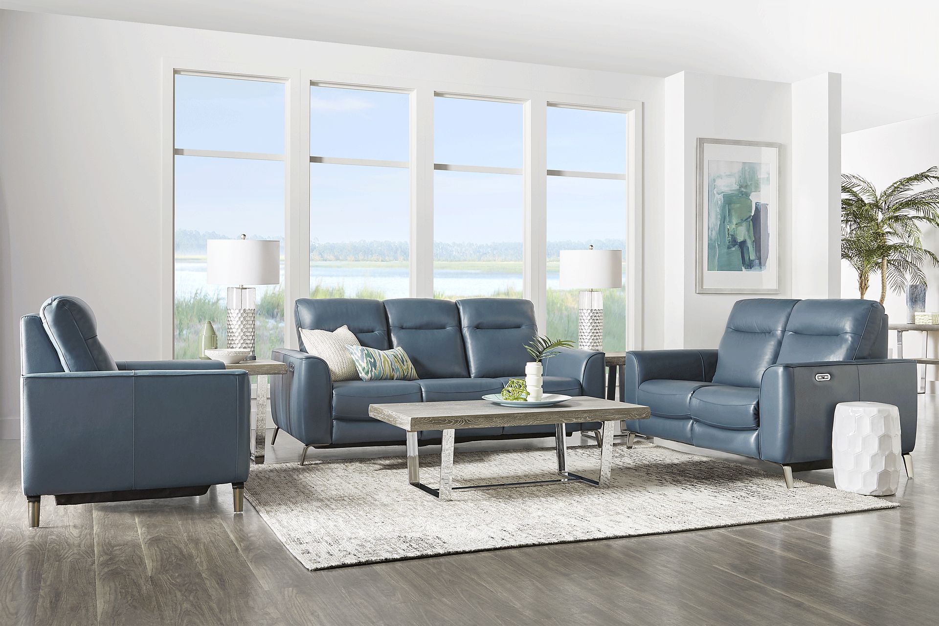 Calabra Ocean Leather 5 Pc Reclining Living Room - Image 1
