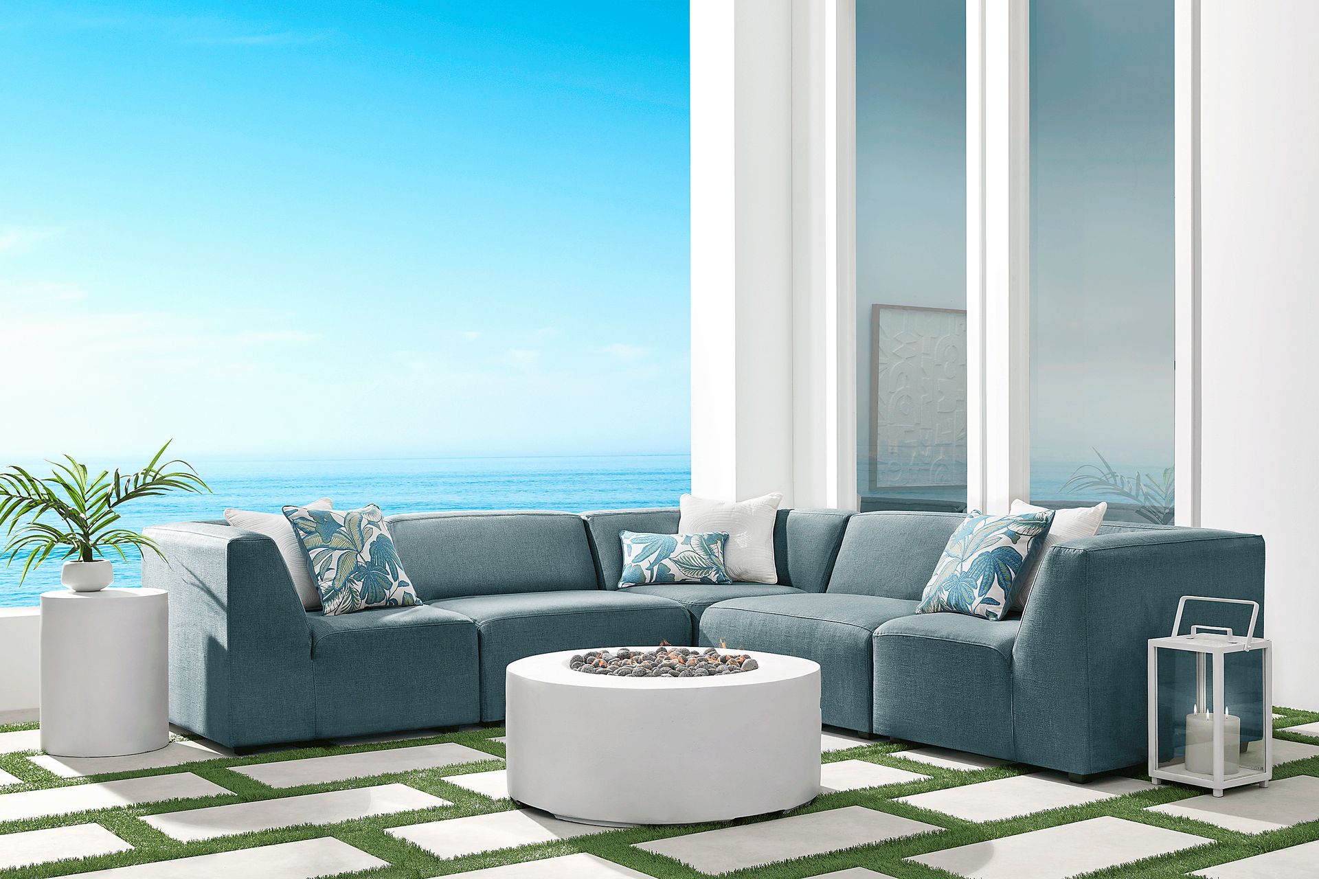 Calay 5 Pc Outdoor Sectional with Teal Slipcovers - Image 2