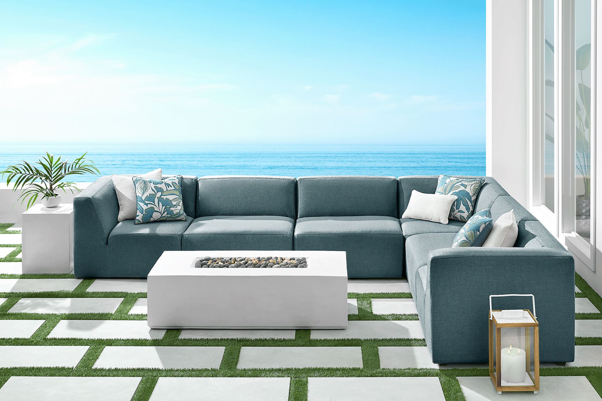 Calay 6 Pc Outdoor Sectional with Teal Slipcovers - Image 2