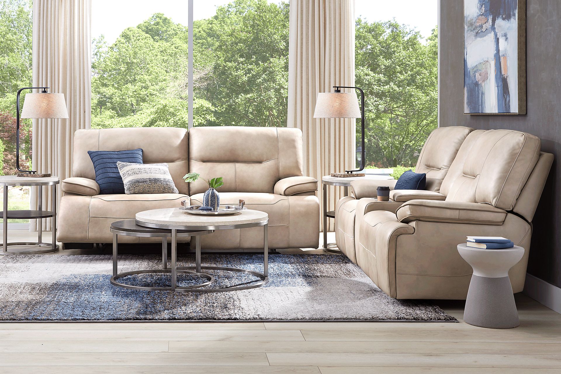 Caletta Way Beige Leather 5 Pc Reclining Living Room - Image 1