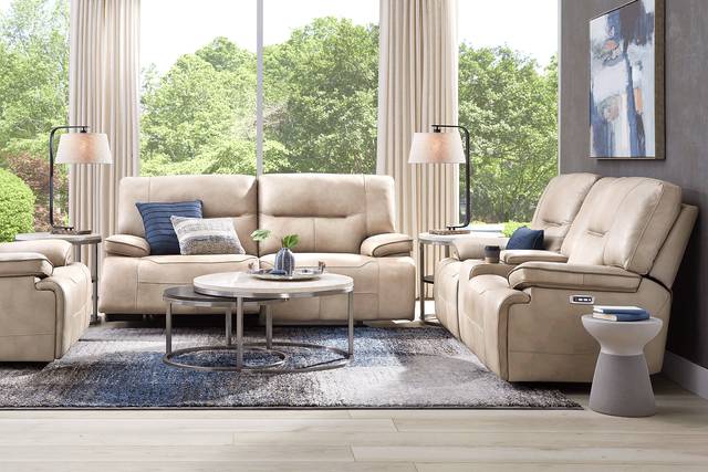 Caletta Way Beige Leather 8 Pc Dual Power Reclining Living Room - Thumbnail - Image 1