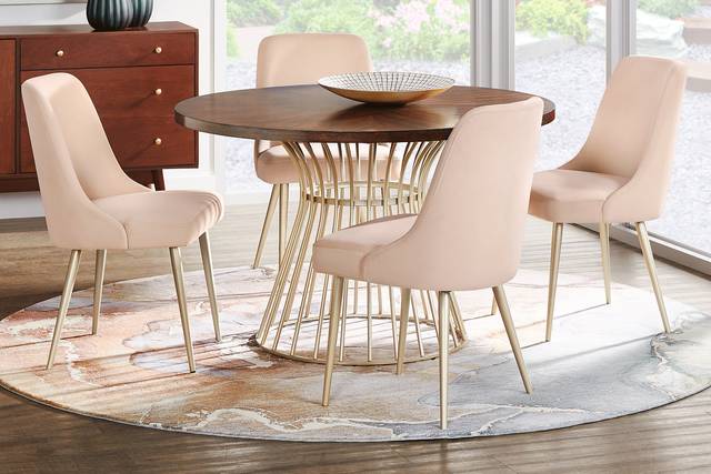 Calisi Brown 5 Pc Round Dining Room with Beige Chairs - Thumbnail - Image 1