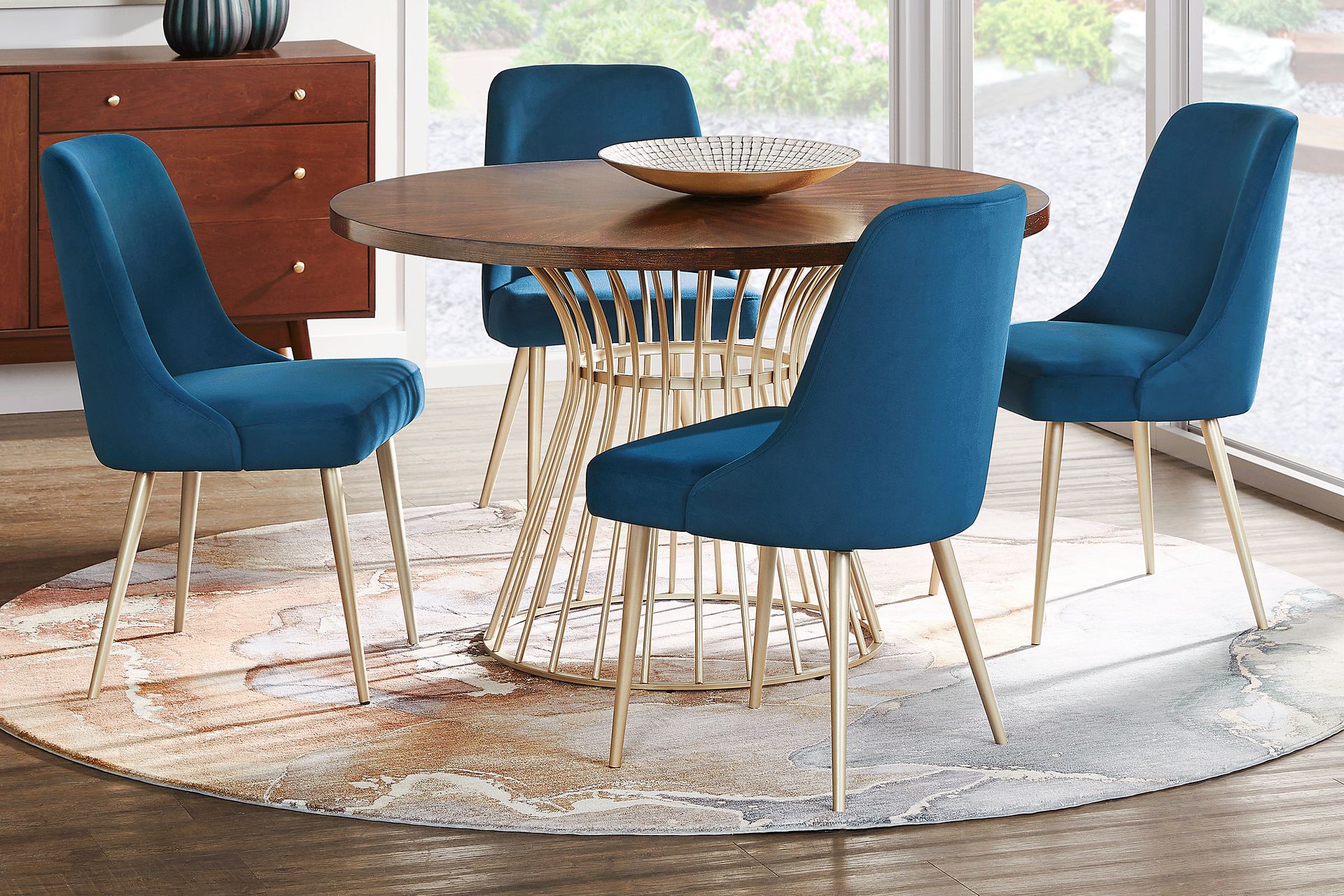Calisi Brown 5 Pc Round Dining Room with Blue Chairs - Image 1