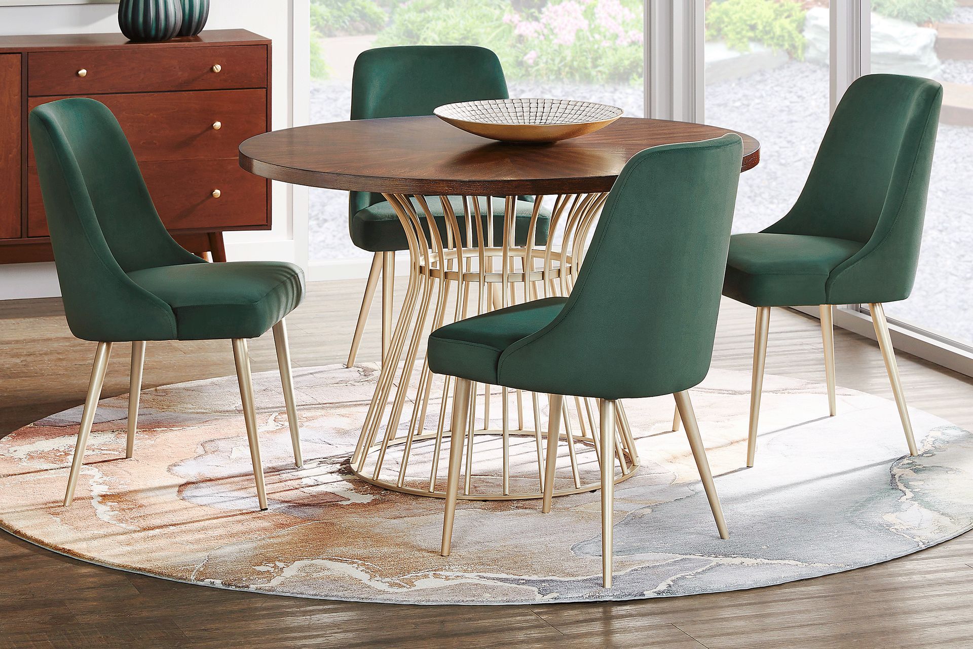Calisi Brown 5 Pc Round Dining Room with Green Chairs - Image 1
