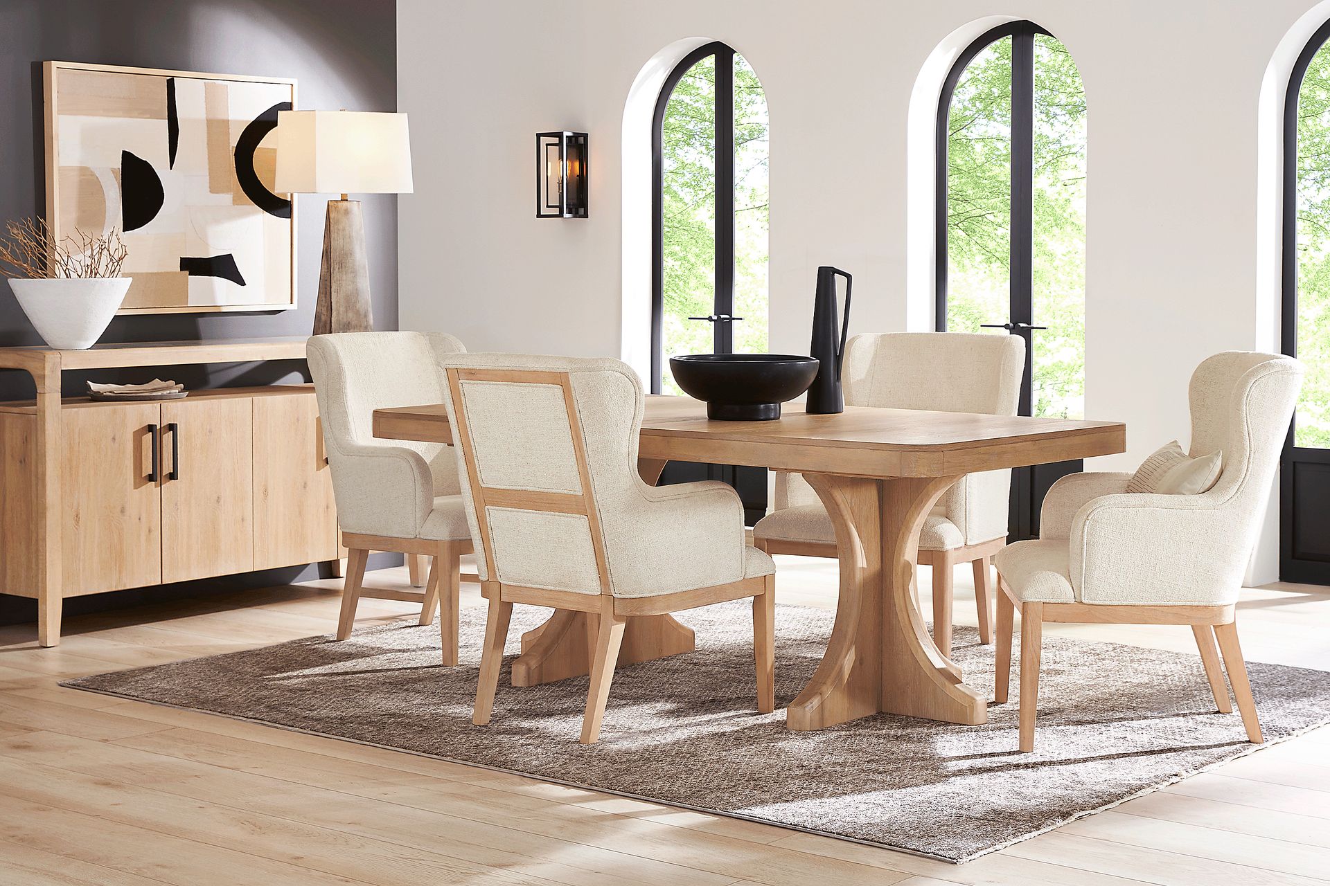 Callen Way Beige 5 Pc Trestle Dining Room with Upholstered Arm Chairs - Image 1