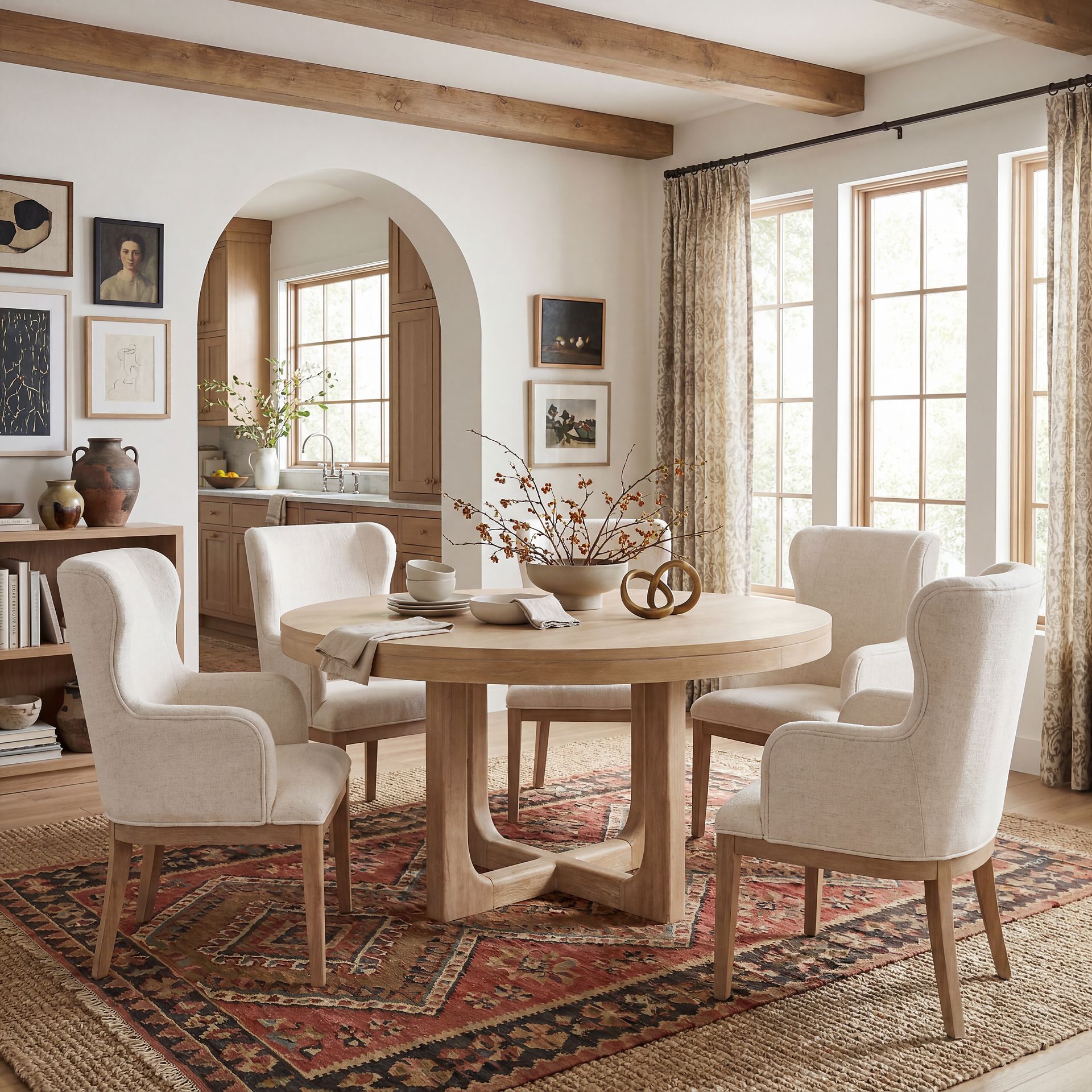 Callen Way Beige 5 Pc Trestle Dining Room with Upholstered Arm Chairs - Image 9