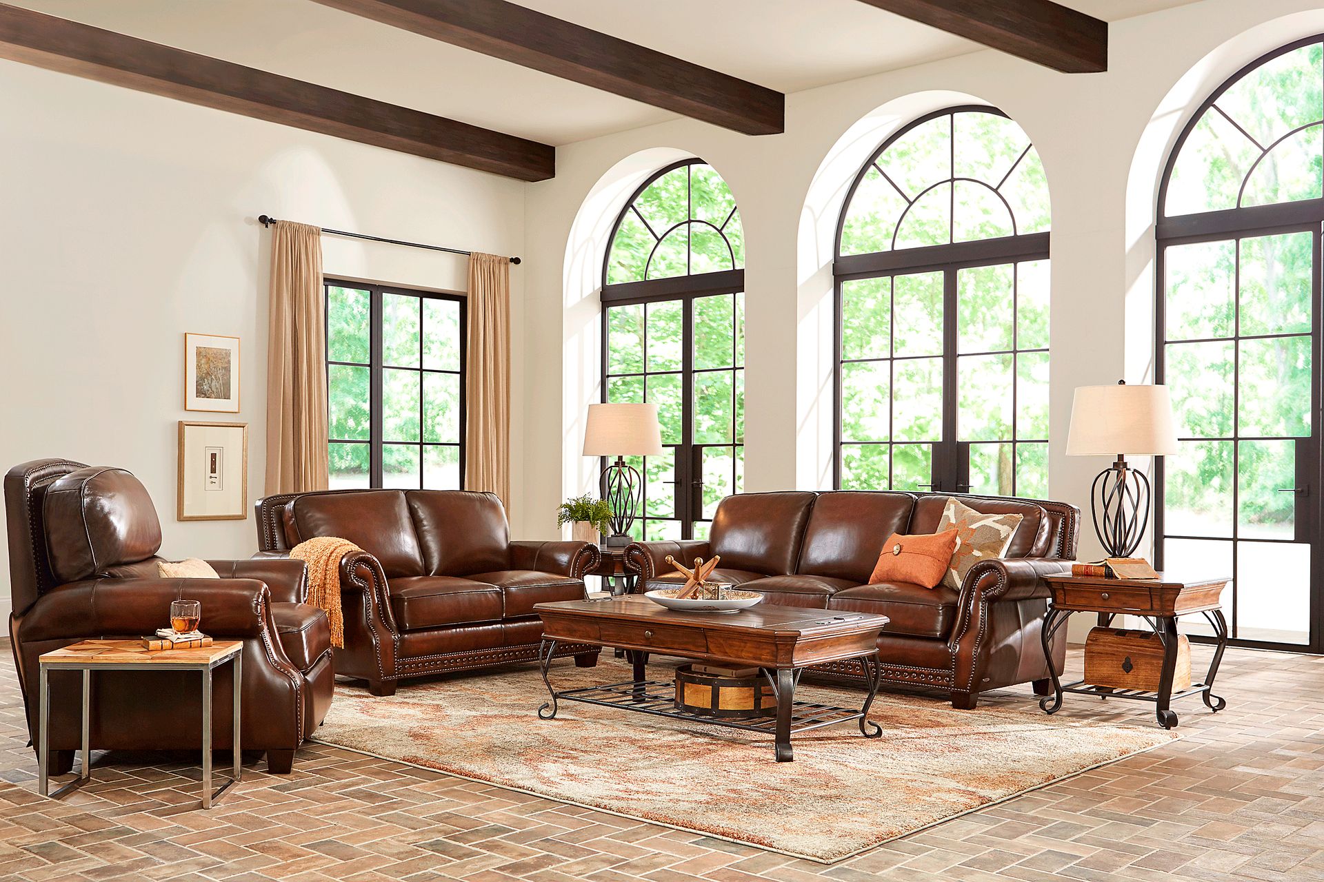 Calvano Brown Leather 7 Pc Living Room with Gel Foam Sleeper Sofa - Image 1