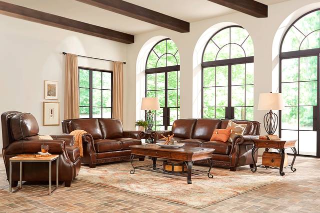 Calvano Brown Leather 7 Pc Living Room with Sleeper Sofa - Thumbnail - Image 1