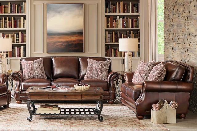 Calvano Lane Brown 7 Pc Leather Living Room with Gel Foam Sleeper Sofa - Thumbnail - Image 1