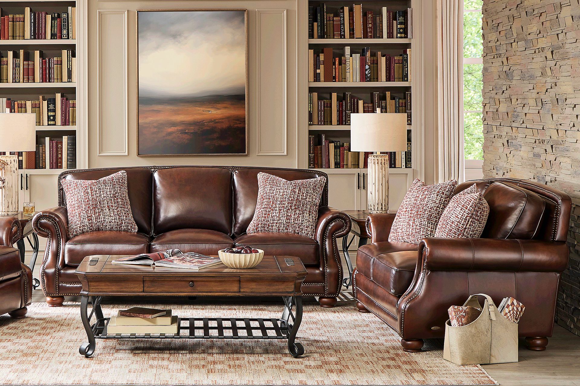 Calvano Lane Brown 7 Pc Leather Living Room with Gel Foam Sleeper Sofa - Image 1