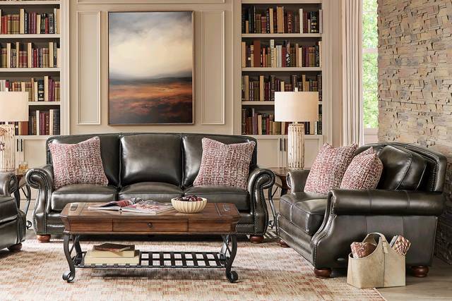 Calvano Lane Gray 7 Pc Leather Living Room with Gel Foam Sleeper Sofa - Thumbnail - Image 1