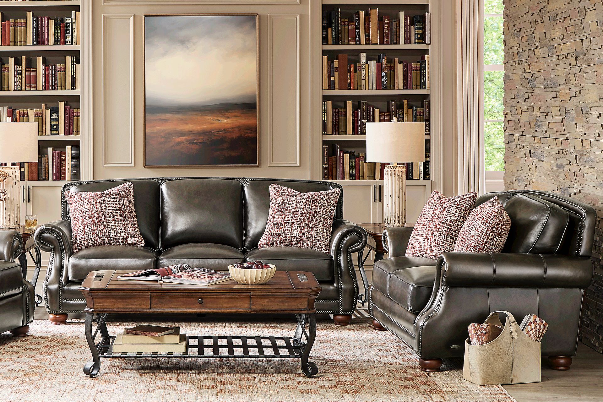 Calvano Lane Gray 7 Pc Leather Living Room with Gel Foam Sleeper Sofa - Image 1