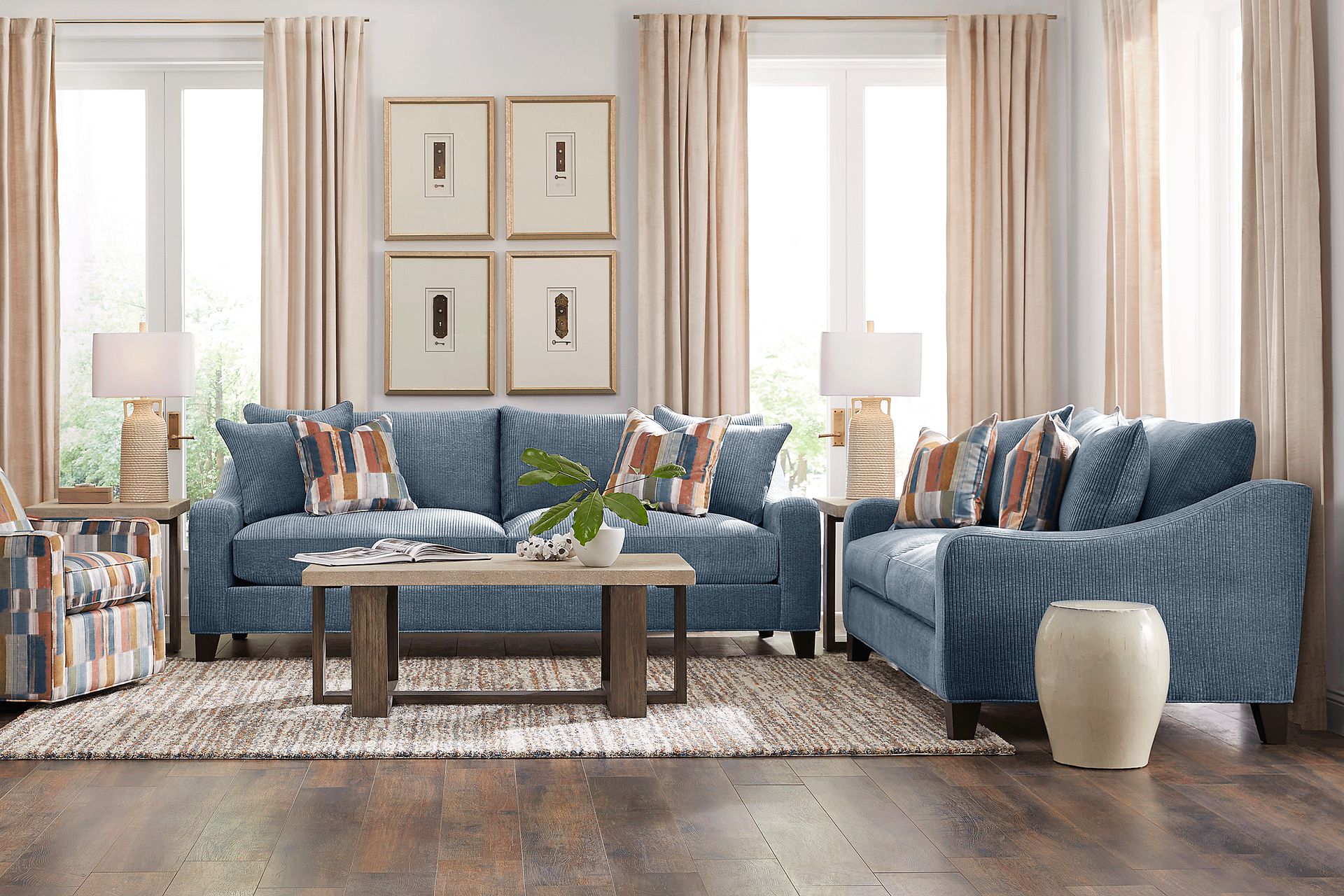 Cindy Crawford Cambria 9 Pc Blue Polyester Fabric Living Room Set With ...