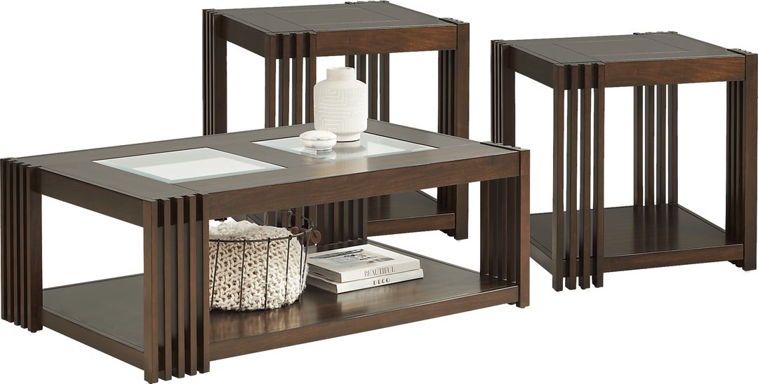 Camellia Brown Cherry Finish 3 Pc Rectangle Table Set