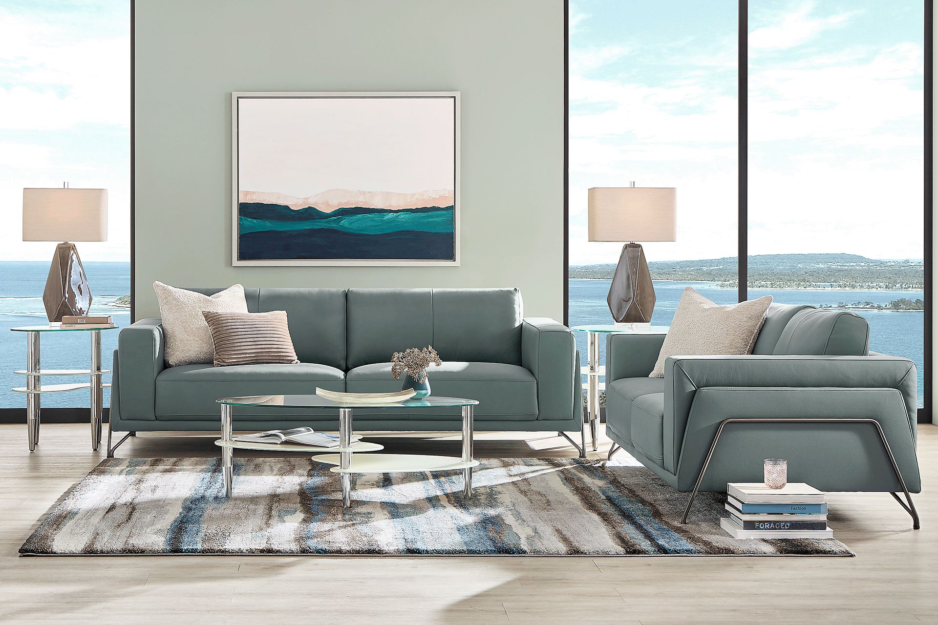 Camelot Slate Blue Leather 7 Pc Living Room - Image 1