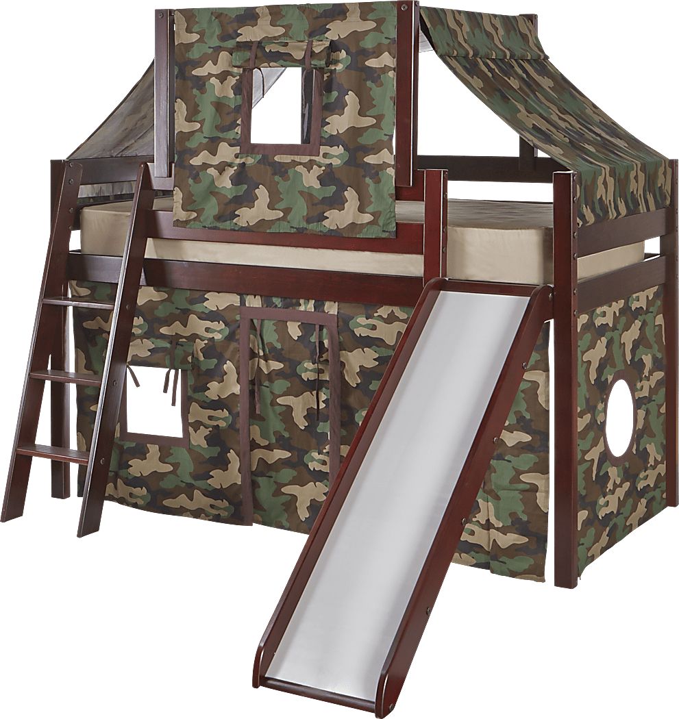 Camo Cabin Cherry Loft Bed w/ Slide and Tent Rooms To Go