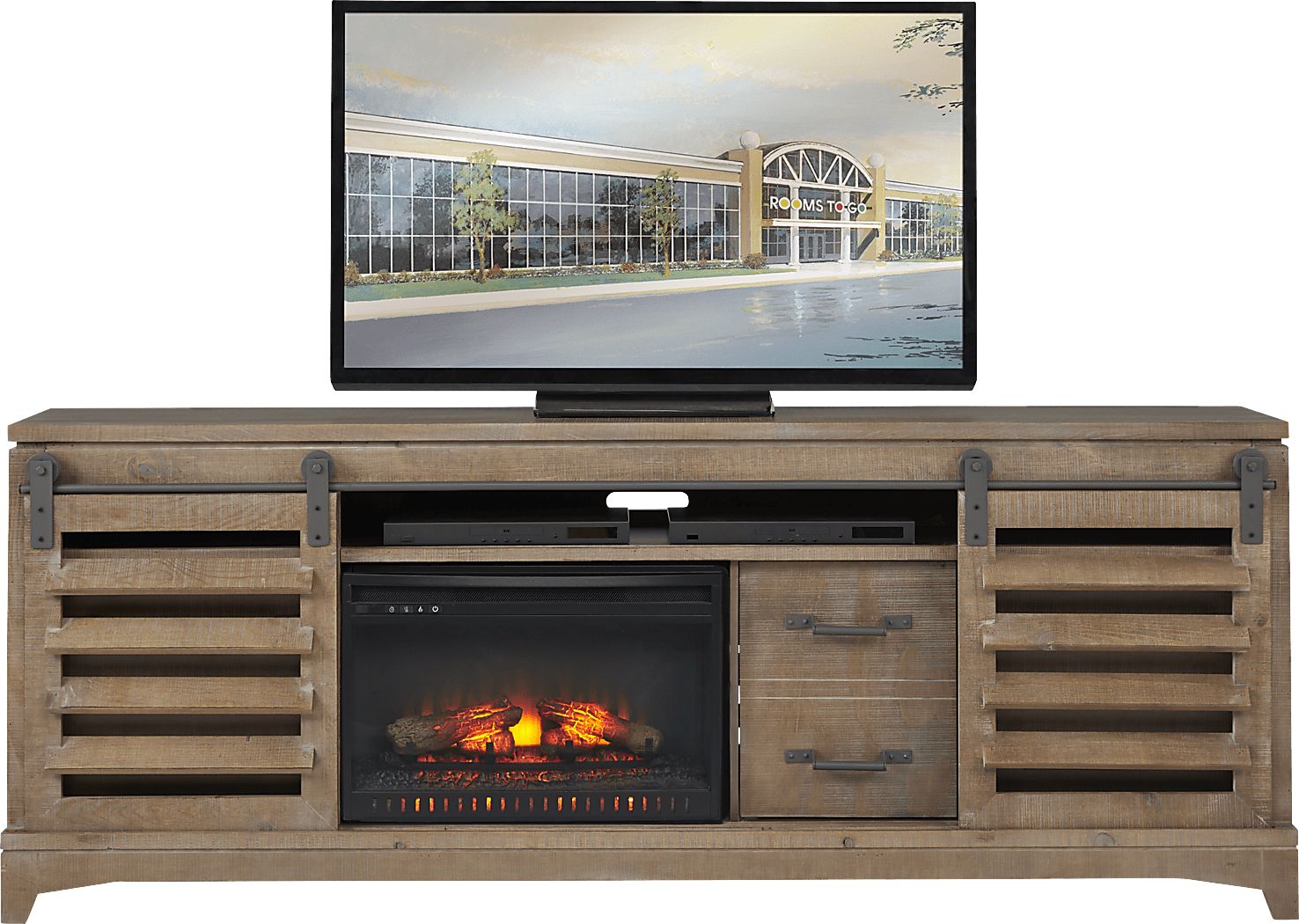 Canoe Creek II Pebble Light Wood 88 in. Console With Log Fireplace