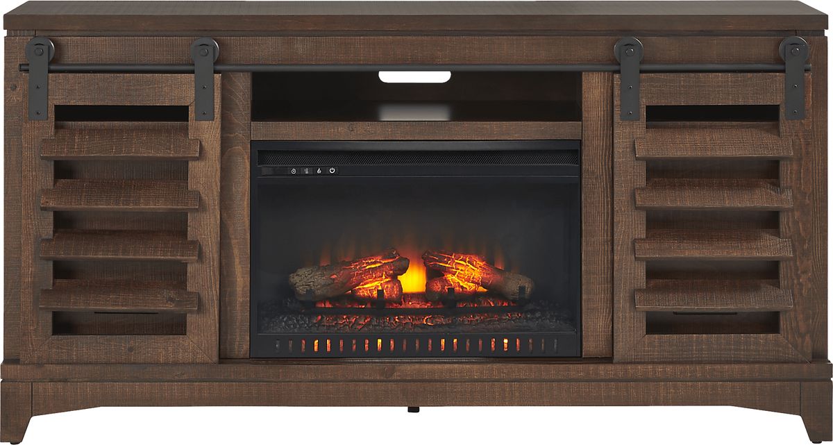 Canoe Creek II Tobacco Dark Wood 66 in. Console With Log Fireplace