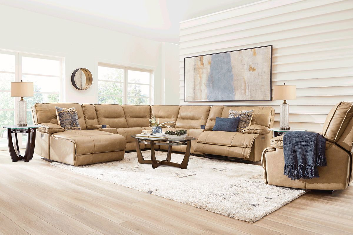 Caranova Camel Brown Polyurethane Fabric 7 Pc Dual Power Reclining