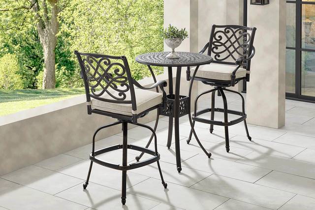 Carina Bronze 3 Pc 30 in. Round Bar Height Outdoor Dining Set with Desert Cushions - Thumbnail - Image 1