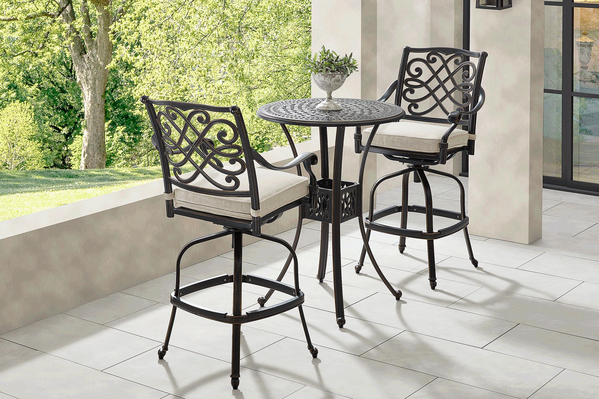 Carina Bronze 3 Pc 30 in. Round Bar Height Outdoor Dining Set with Desert Cushions - Image 1
