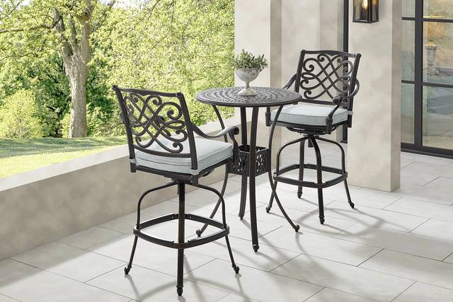Carina Bronze 3 Pc 30 in. Round Bar Height Outdoor Dining Set with Sky Cushions - Thumbnail - Image 1