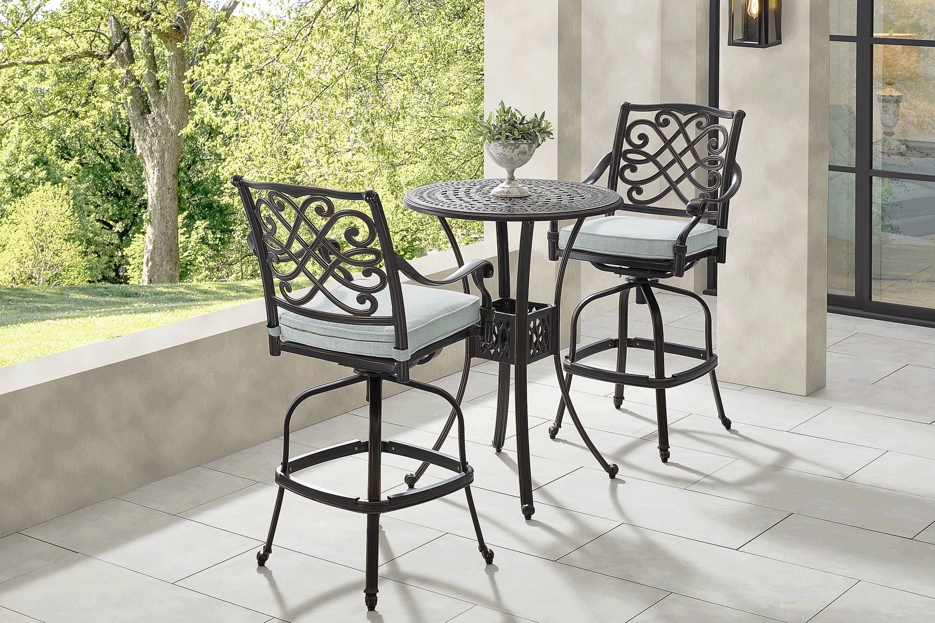 Carina Bronze 3 Pc 30 in. Round Bar Height Outdoor Dining Set with Sky Cushions - Image 1