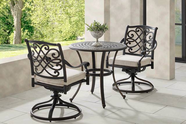 Carina Bronze 3 Pc 30 in. Round Outdoor Dining Set with Desert Cushions - Thumbnail - Image 1